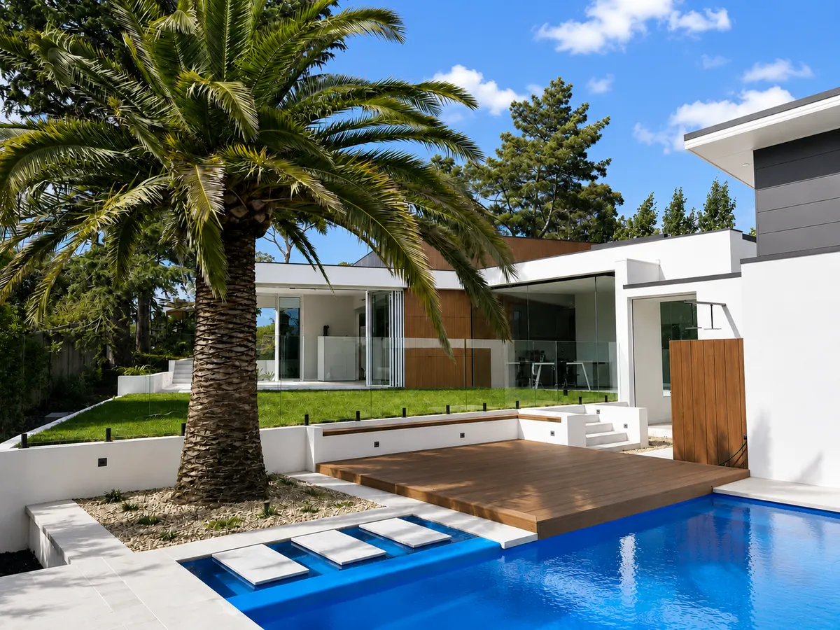 Double storey custom home in Weston with pool, timber deck and palm, Canberra