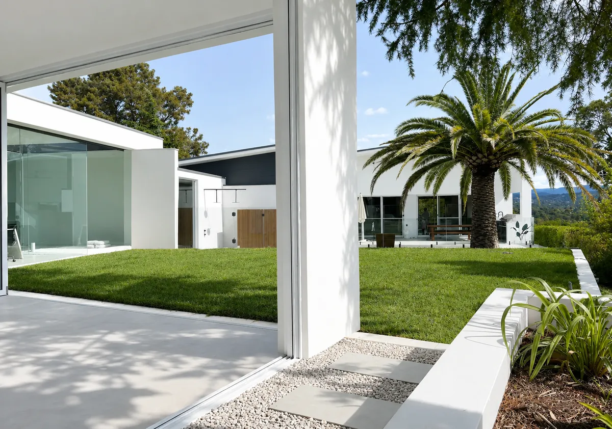Covered pavilion looking across the lawn to an established palm, Weston