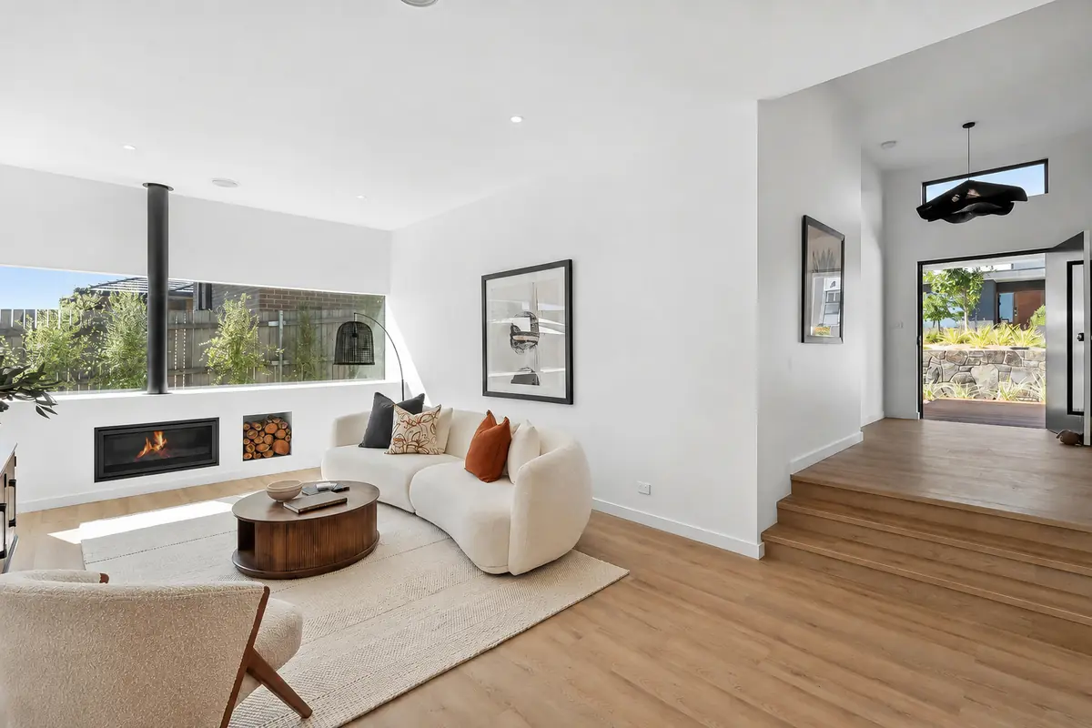Living area, fireplace and entry hall, Boyanton Street Canberra
