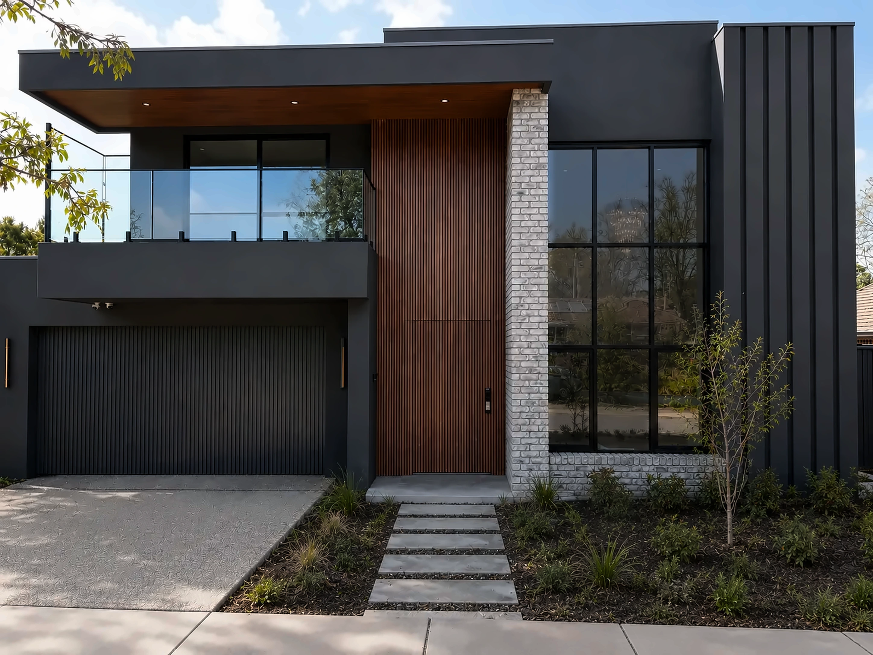Dark contemporary front facade with timber entry by Ottimo Homes, Narrabundah